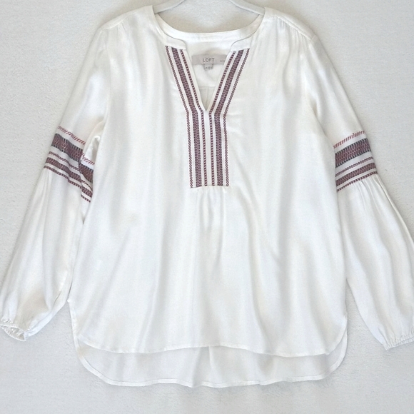 Ann Taylor LOFT Cream Rayon Blend Blouse w Red Stripe Embroidery Trim Blouse MP - Picture 12 of 13